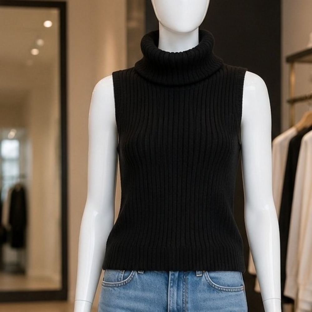 H&M Womens Sweater Vest Black Ribbed Turtleneck Sleeveless Medium